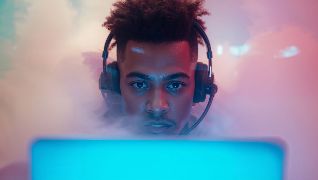 Focused Gamer with Headset and Neon Glow Immersed in Gaming