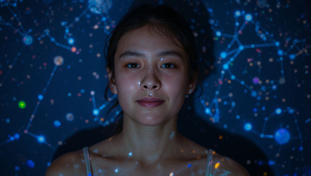 Young Asian Woman Facing Viewer with Projected Starfield and Neon Constellation Glow