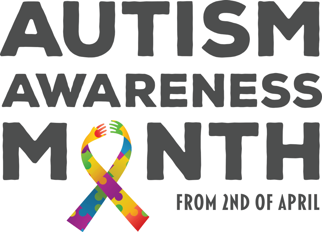 Autism Awareness Month Text with Puzzle Ribbon on Transparent Background