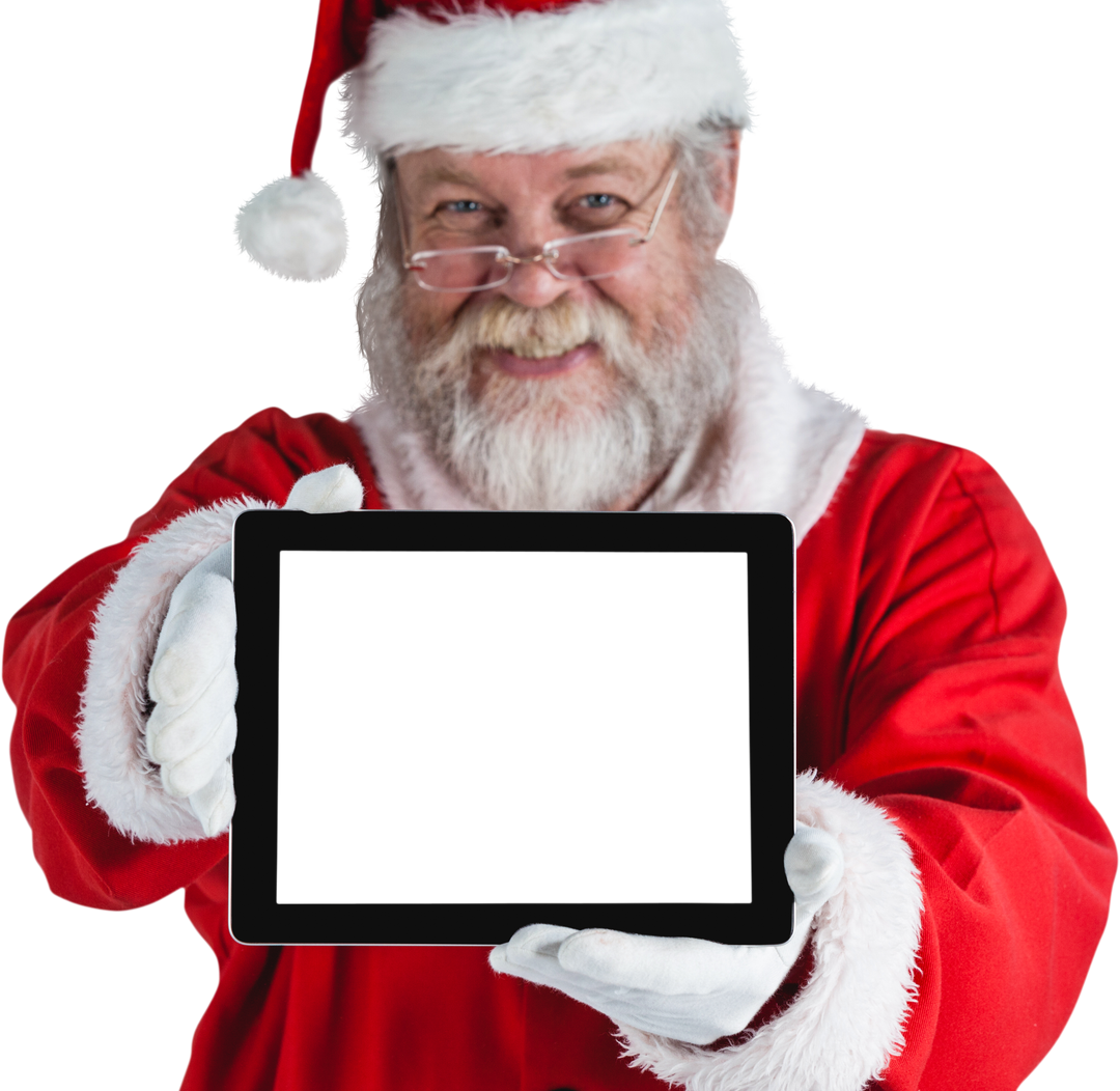 Santa Claus presenting transparent digital tablet smiling Christmas - Download Free Stock Images Pikwizard.com