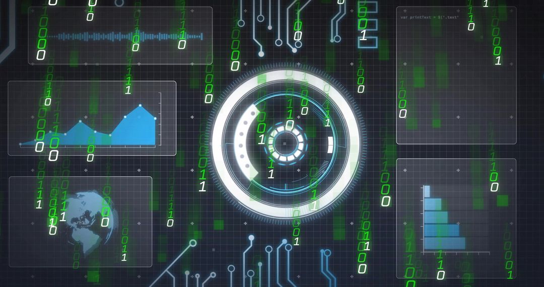 Futuristic interface with digital circuitry and binary code elements