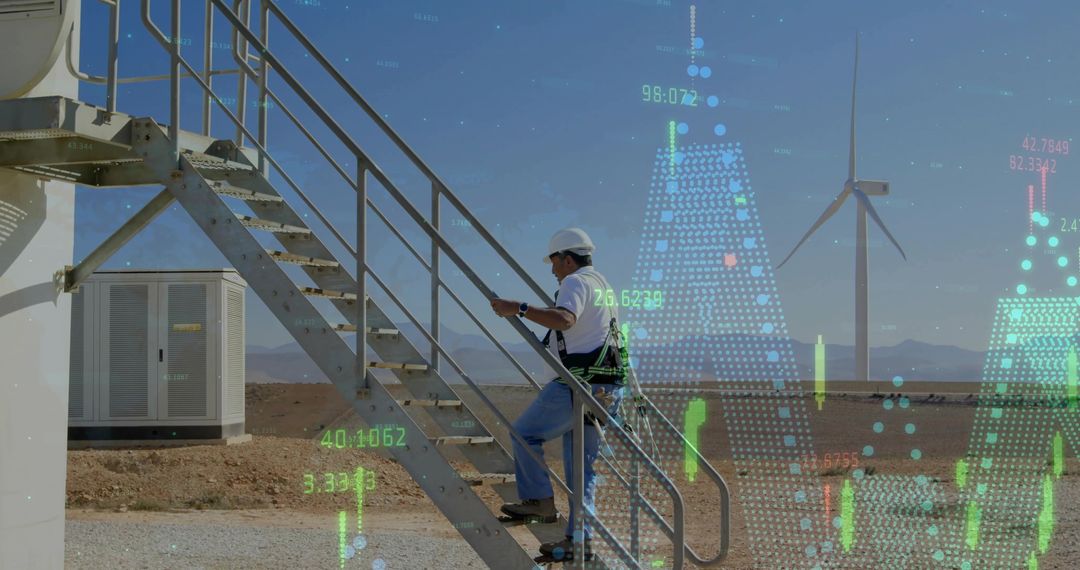 Wind Technician Climbing Turbine Stairs with Data Overlays for Renewable Energy Inspection