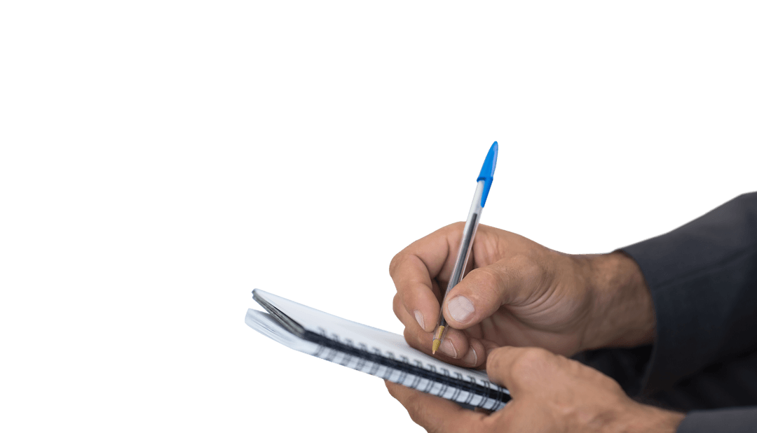 Transparent Close Up of Hands Writing in Spiral Notebook