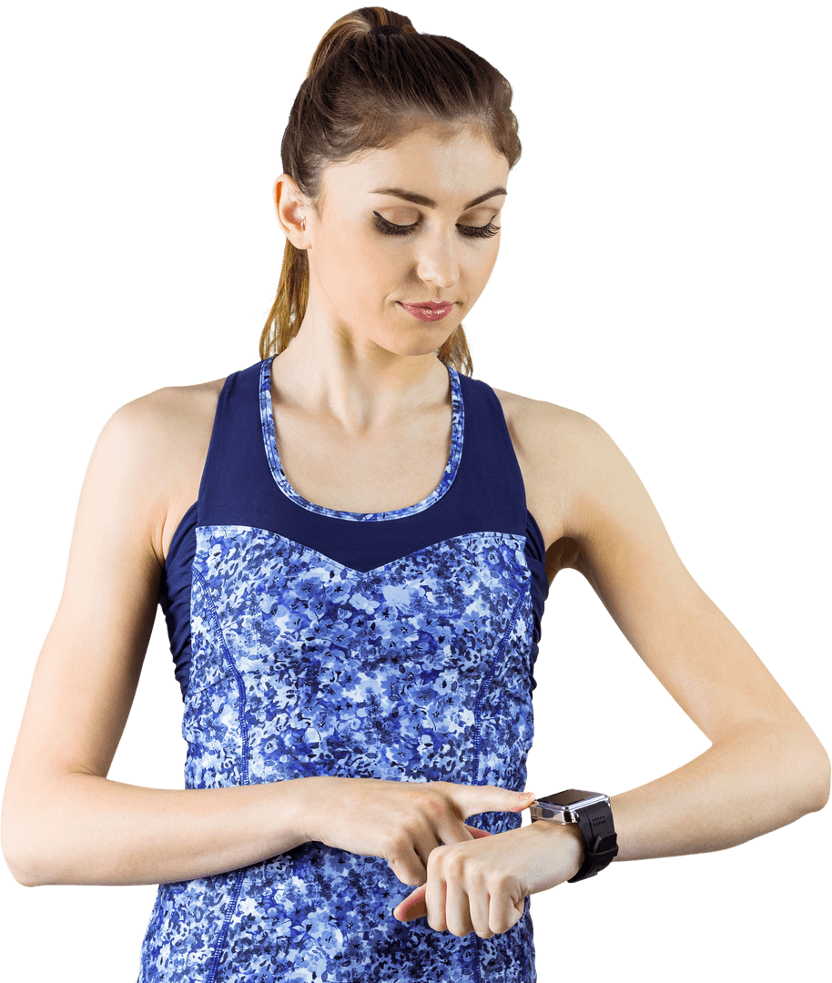 Fit Brunette Checking Smartwatch in Sporty Outfit on Transparent Background