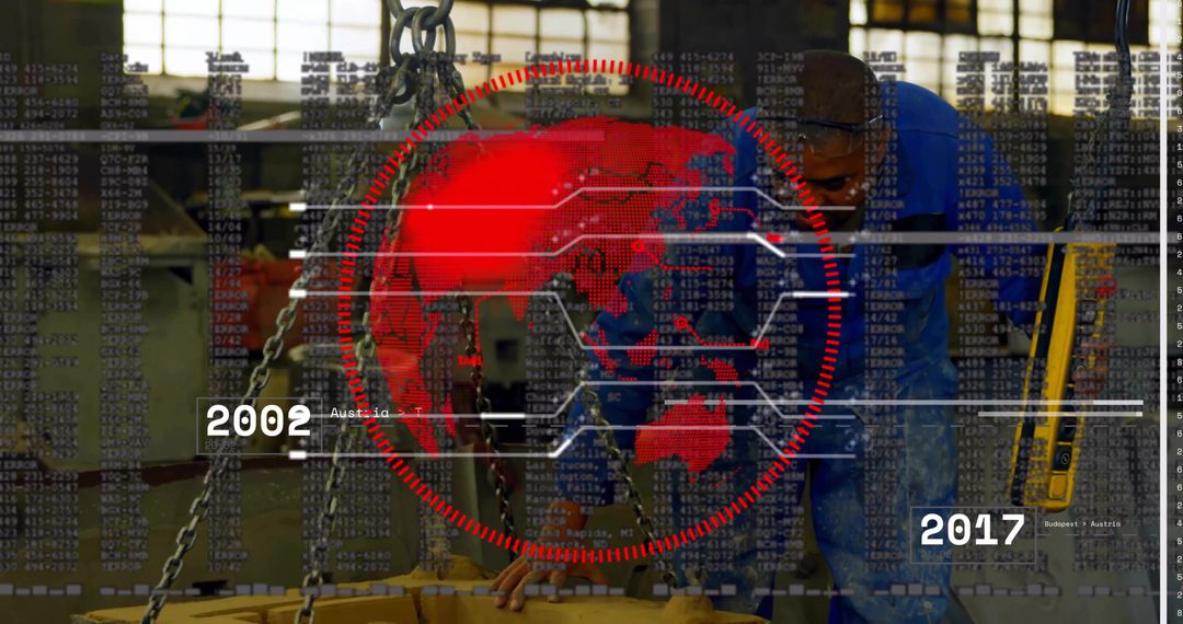Engineer Aligning Metal Component with Digital Globe Overlay