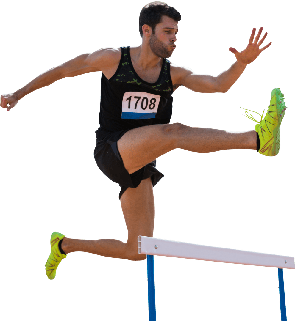 Dynamic Male Athlete Hurdling on Transparent Background