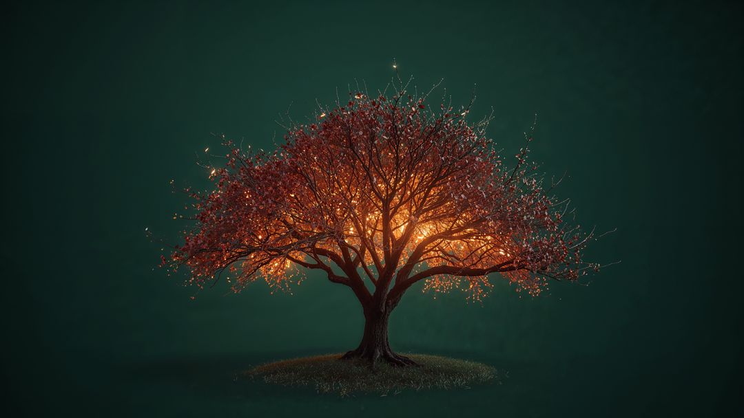 Mystical Glowing Tree with Vibrant Red Leaves in Enchanted Green Background