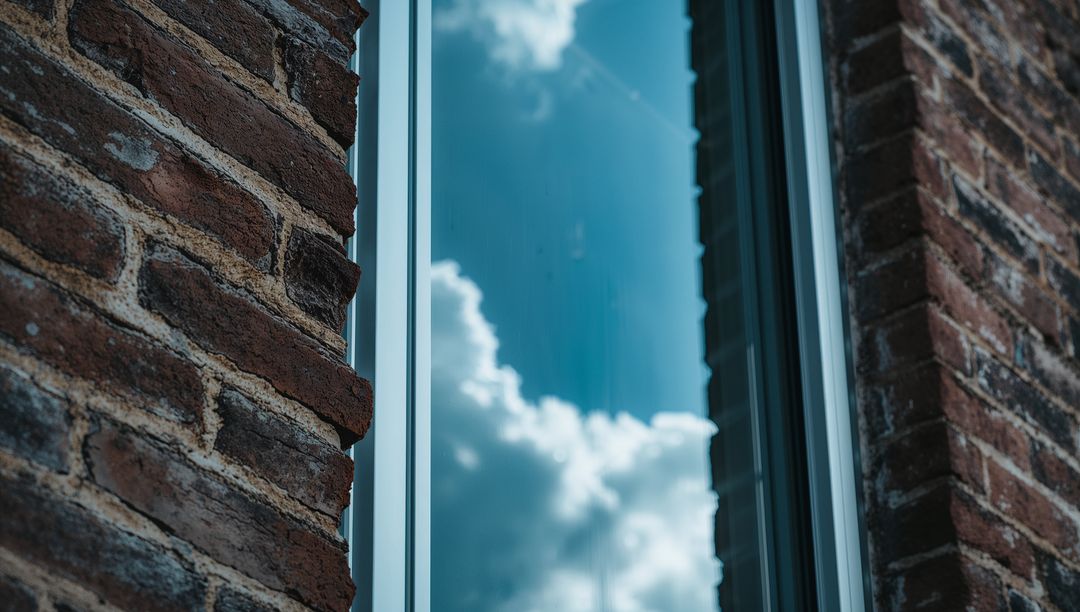 Narrow vertical window reflecting blue sky and clouds on weathered brick wall with metal frame