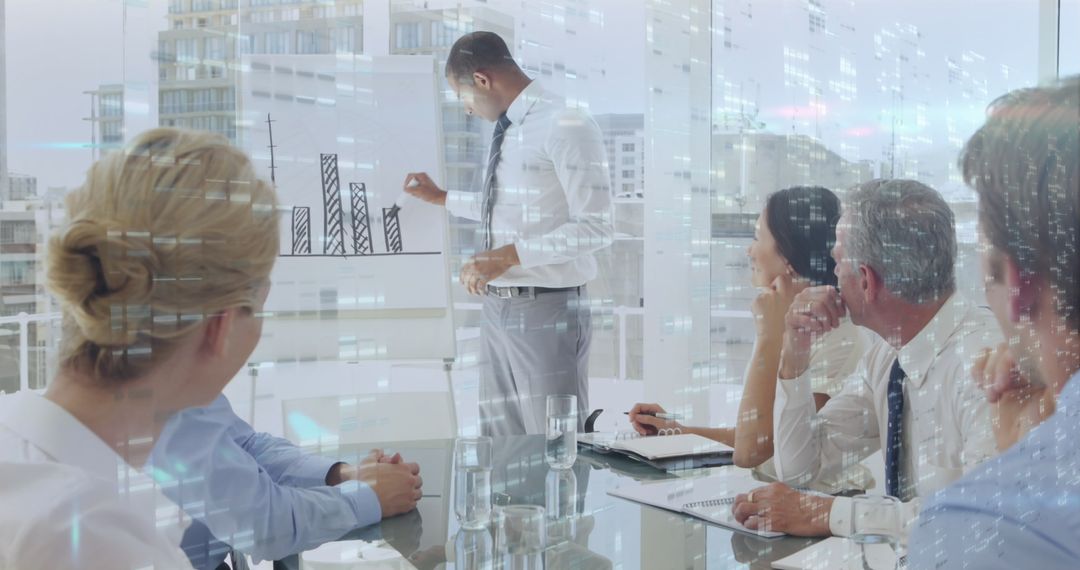 Diverse Business Team Analyzing Data Trends with Futuristic Overlays