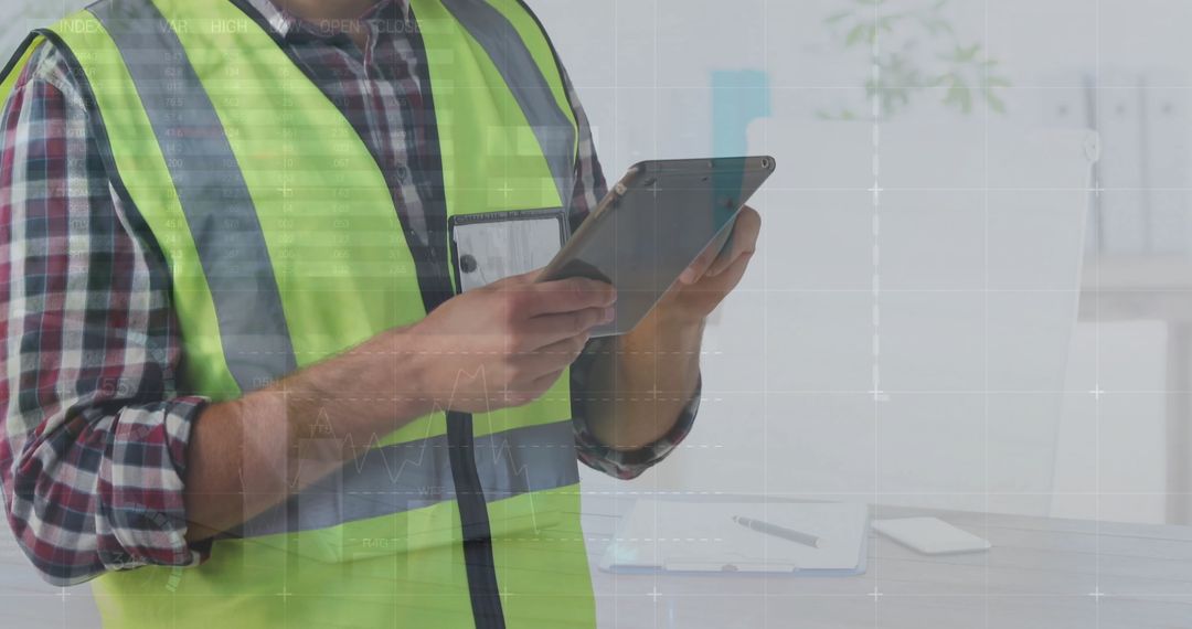 Architect Analyzing Financial Data on Tablet with Digital Overlay