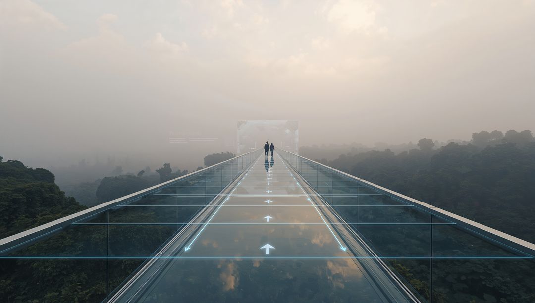 Walking Across Glass Skywalk Into Mist With Lit Directional Arrows and Distant Silhouettes