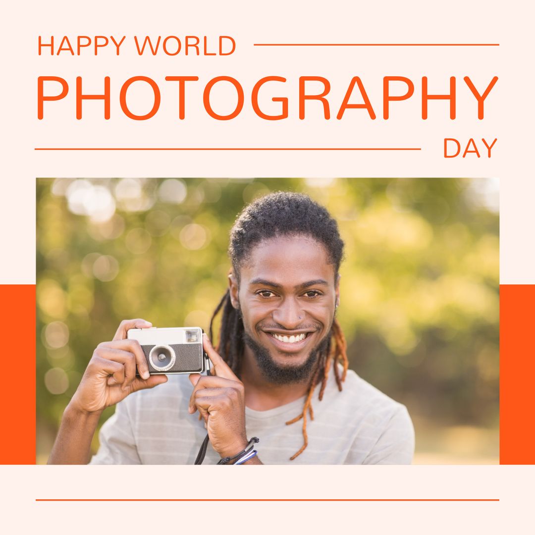 Happy World Photography Day with Smiling Man Holding Camera