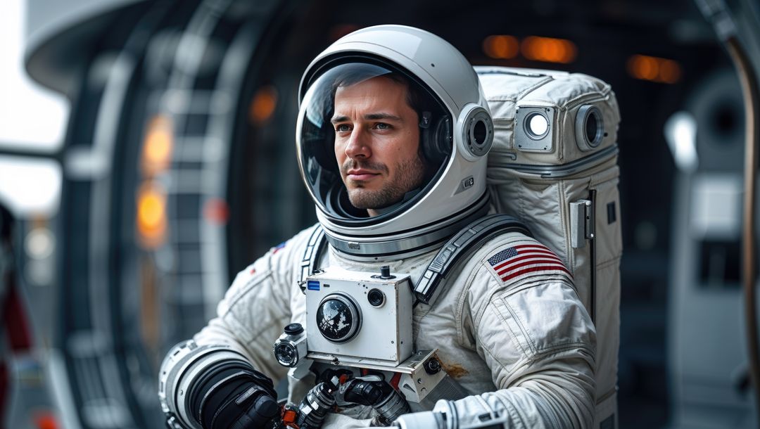 Astronaut in Advanced Spacesuit Inside Futuristic Spacecraft