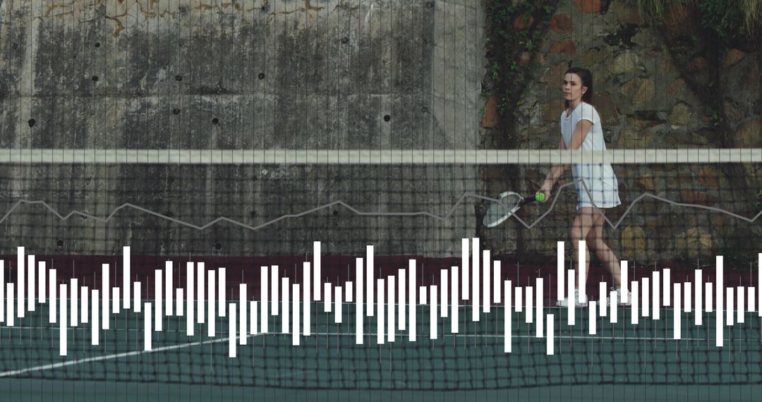 Tennis Player Poised to Serve on Outdoor Hard Court with Blowchart Overlay