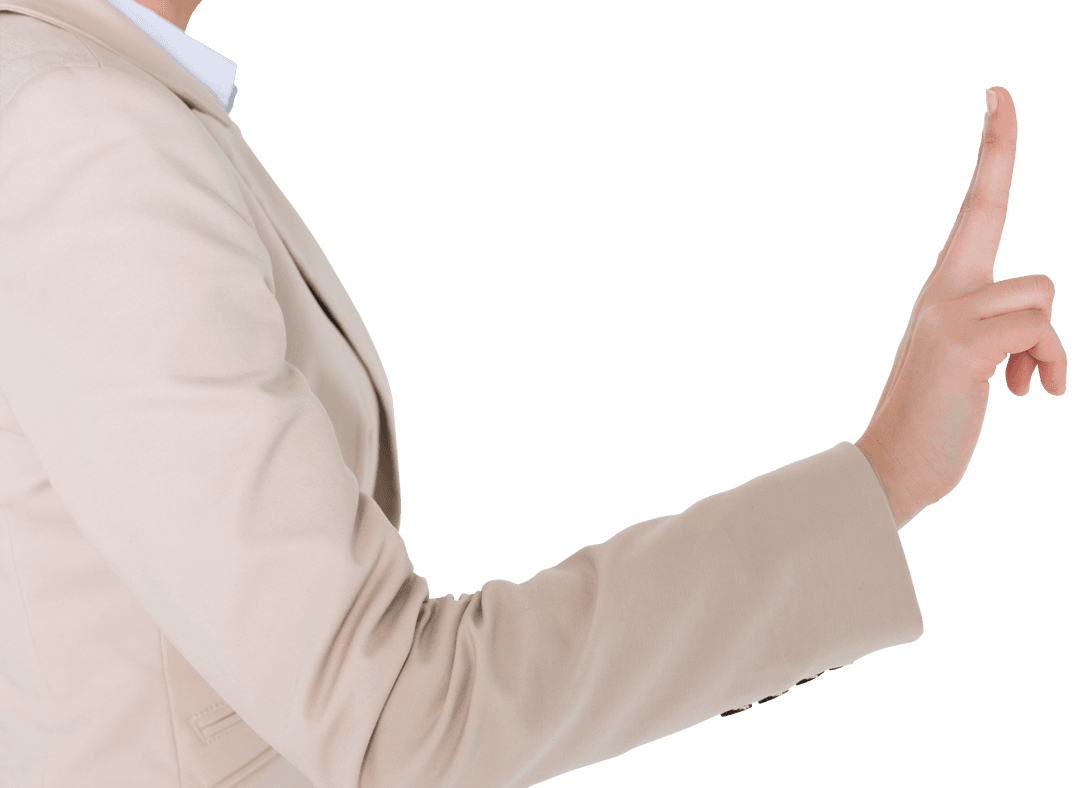 Professional Businesswoman in Beige Suit Pointing on Transparent Background