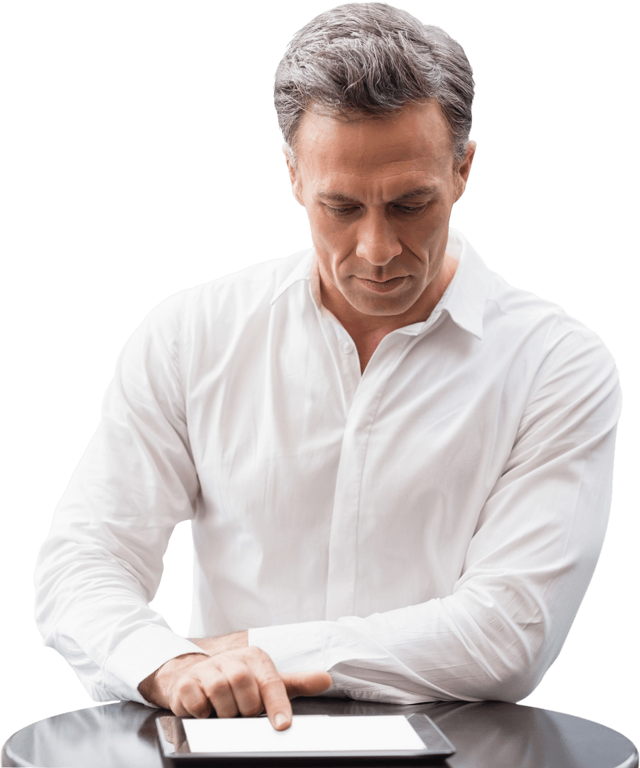 Transparent Businessman Focused on Digital Tablet Interaction