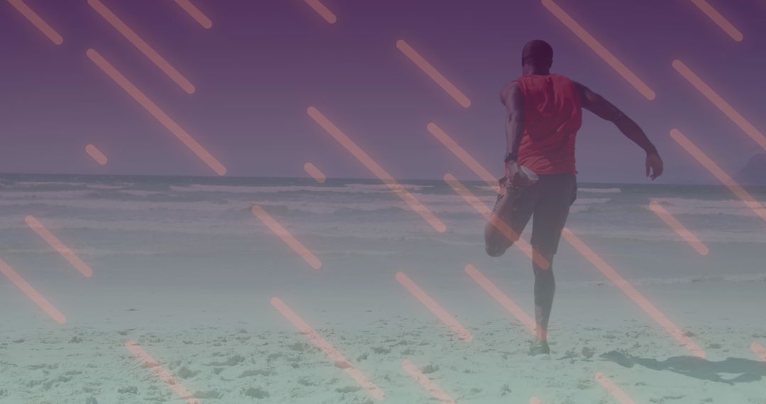 Man Stretching on the Beach with Digital Overlay