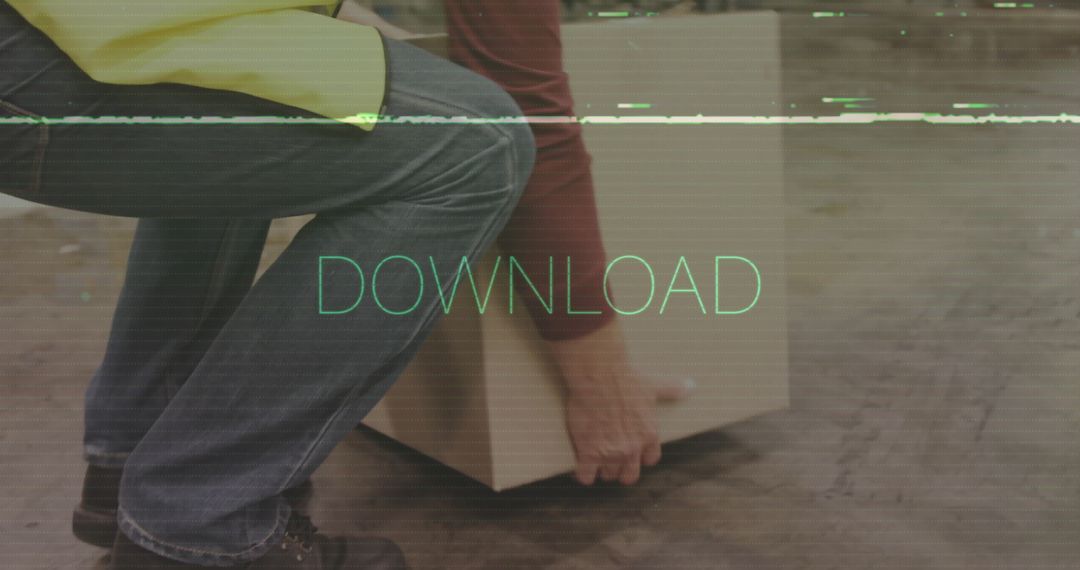 Worker Handling Package in Warehouse with Download Text Overlay
