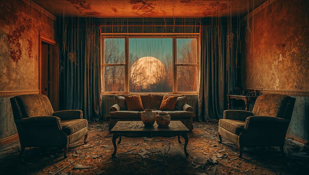 Abandoned Room with Armchairs and Moonlit View Through Window