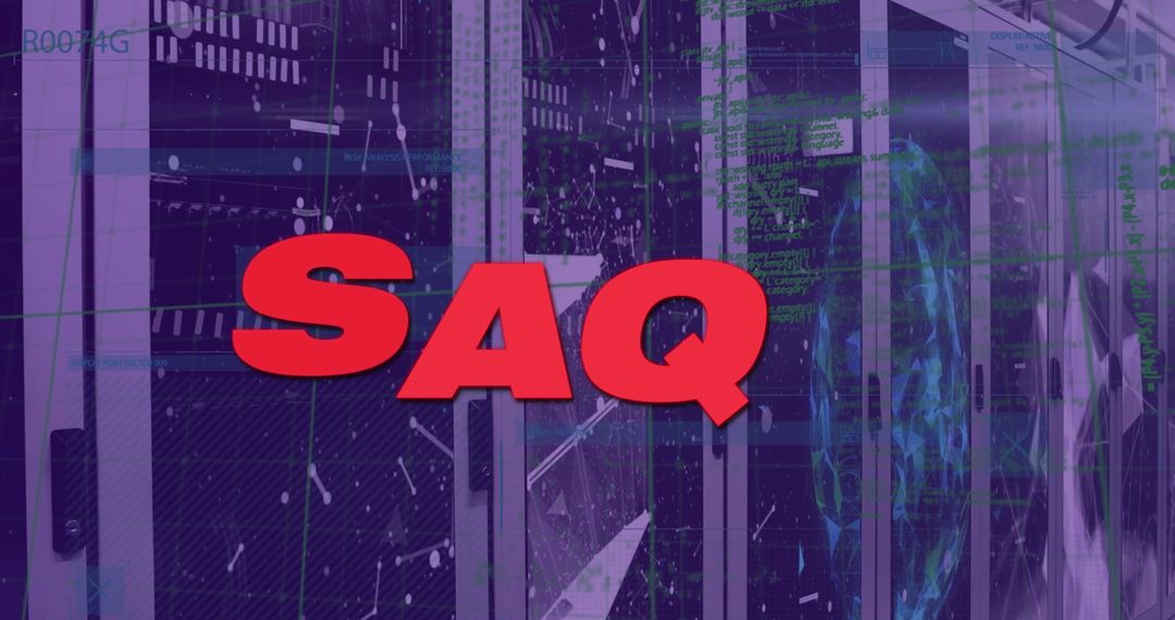 SAQ Text Overlay on Digital Data and Server Room Background