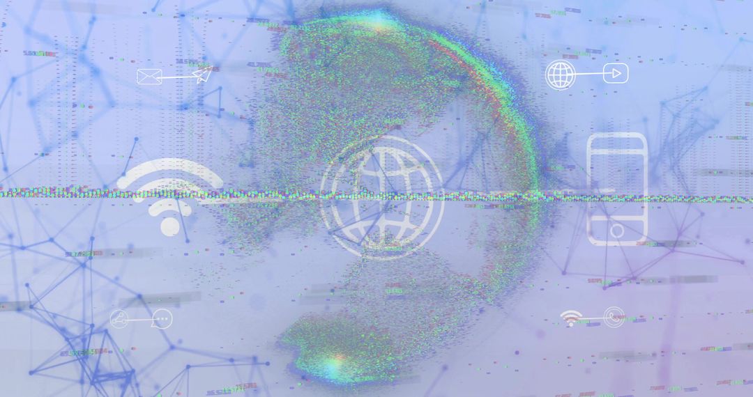 Central Internet Globe with Digital Network Icons and Glitch Overlay