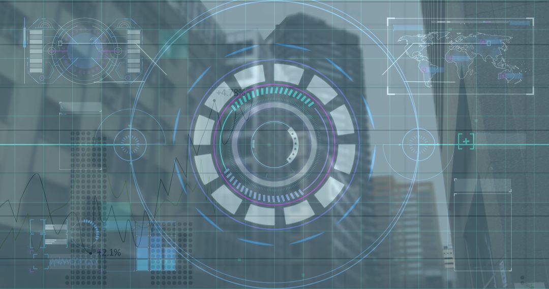 Futuristic Data Interface Blending with Urban Skyline