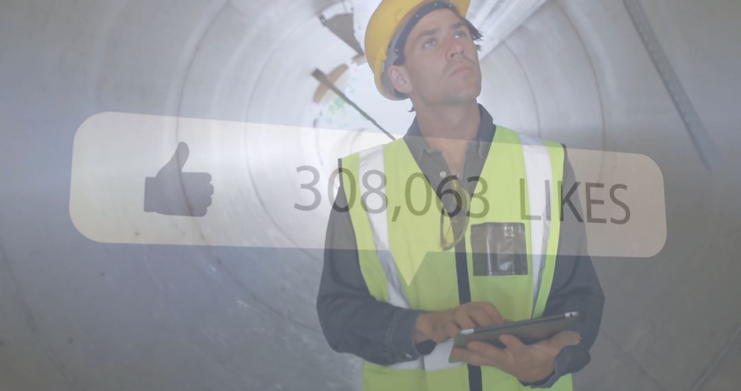 Construction Worker Utilizing Technology with Social Media Overlay