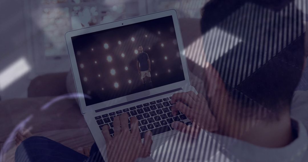 Man Using Laptop Learning Music Portfolio, Domestic Atmosphere