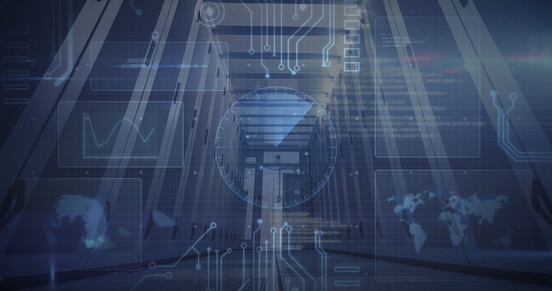 Futuristic HUD Overlay in Illuminated Data Center