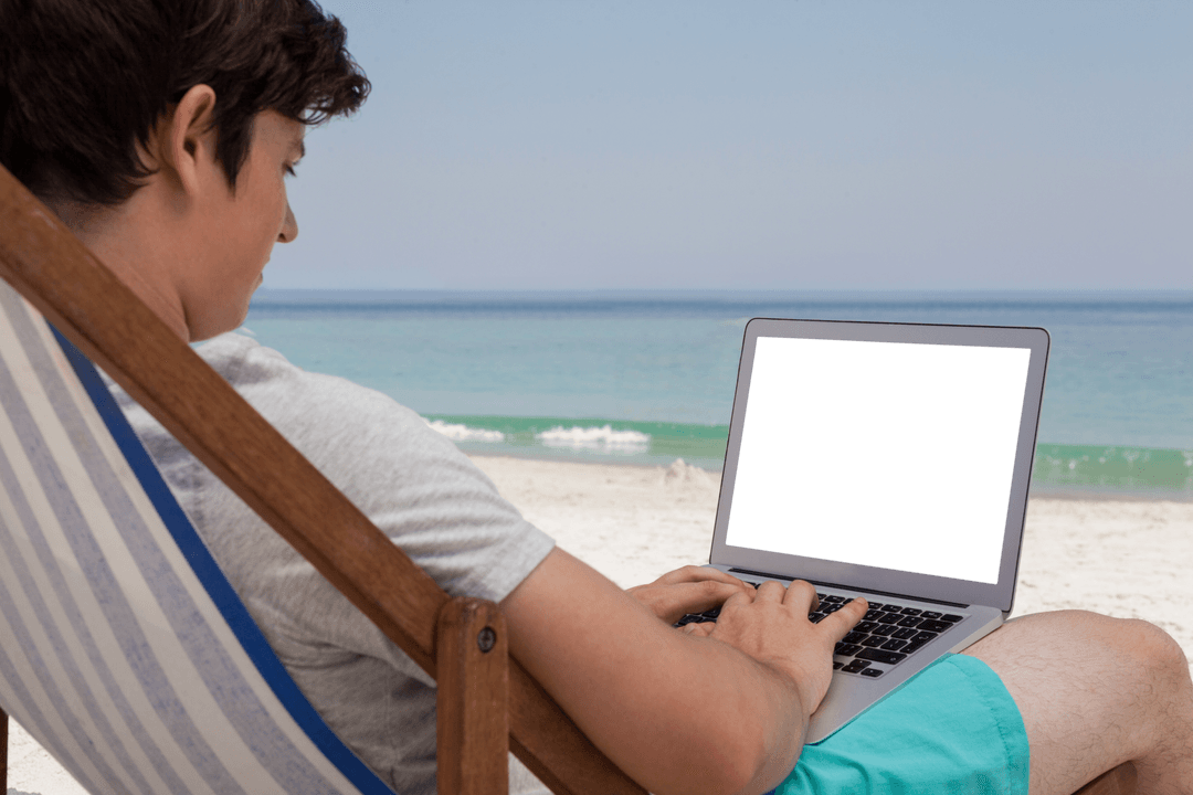 Transparent Screen Laptop on Beach with Relaxed Man