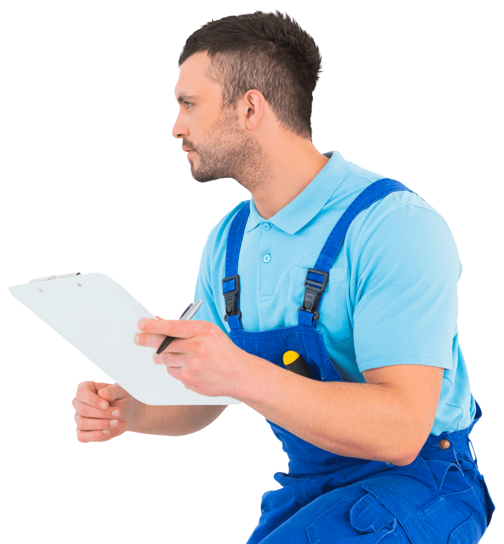Caucasian Male Worker Using Clipboard on Transparent Background