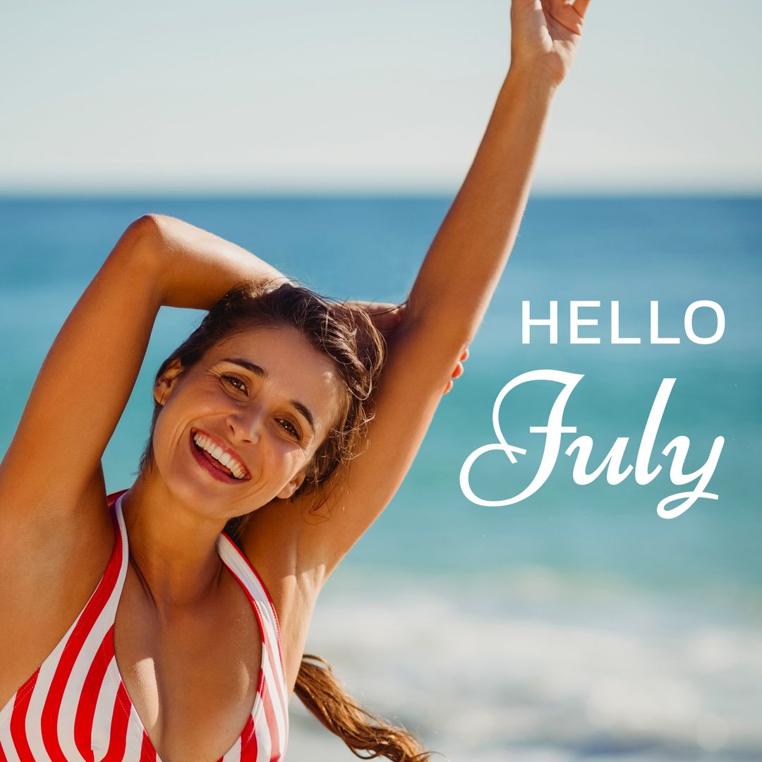Joyful Woman Greeting July at Sunny Beach in Summer