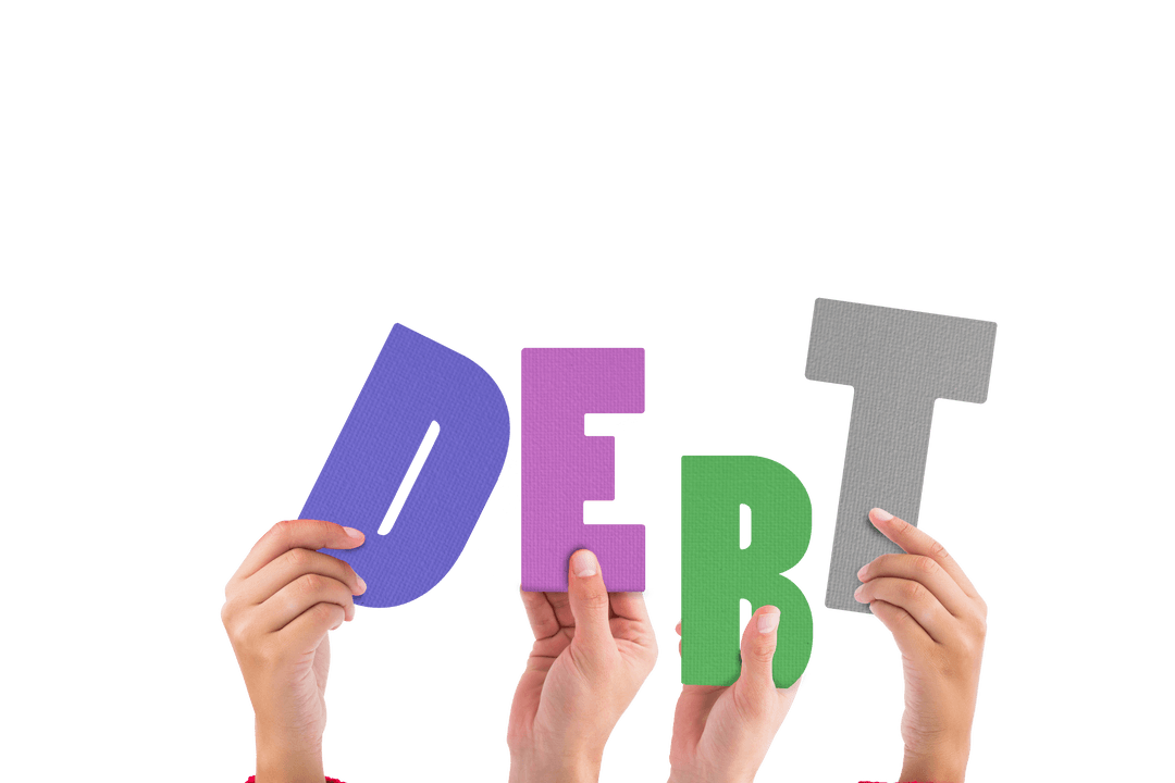 Hands Holding Debt Letters on Transparent Background