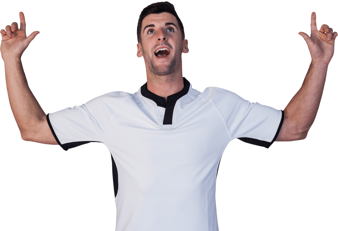 Rugby Player Expressing Excitement in Stylish Sports Attire on Transparent Background