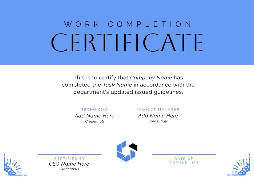 Image of template of work completion certificate on white and blue background - Download Free Stock Templates Pikwizard.com