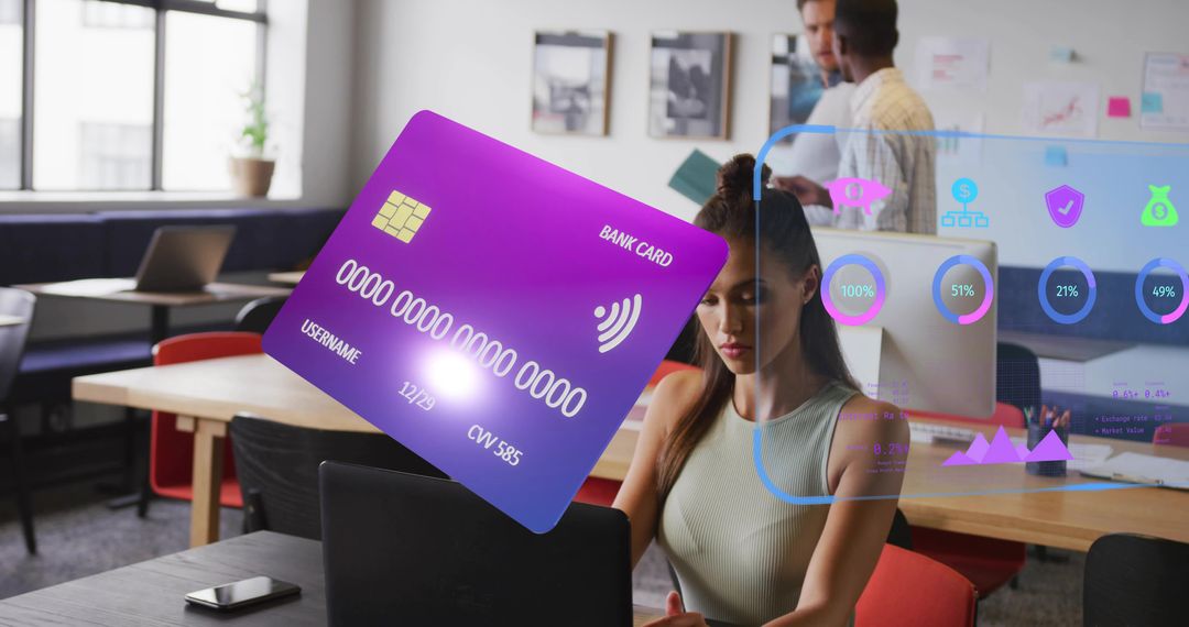 Floating Holographic Bank Card Hovering Above Laptop While Professional Working in Office