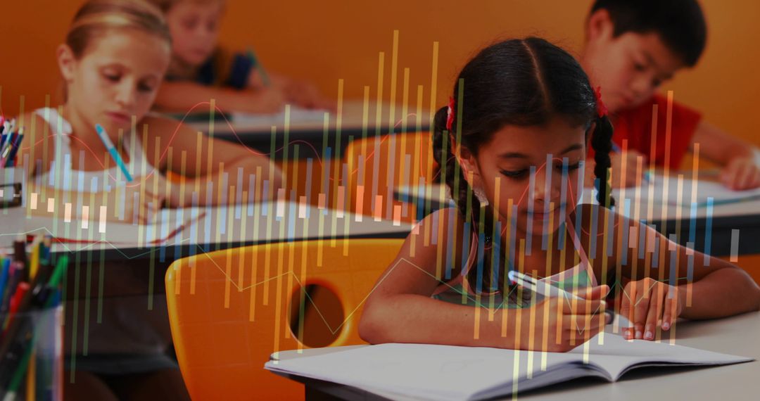 Elementary student writing in notebook during focused classroom learning with orange chairs