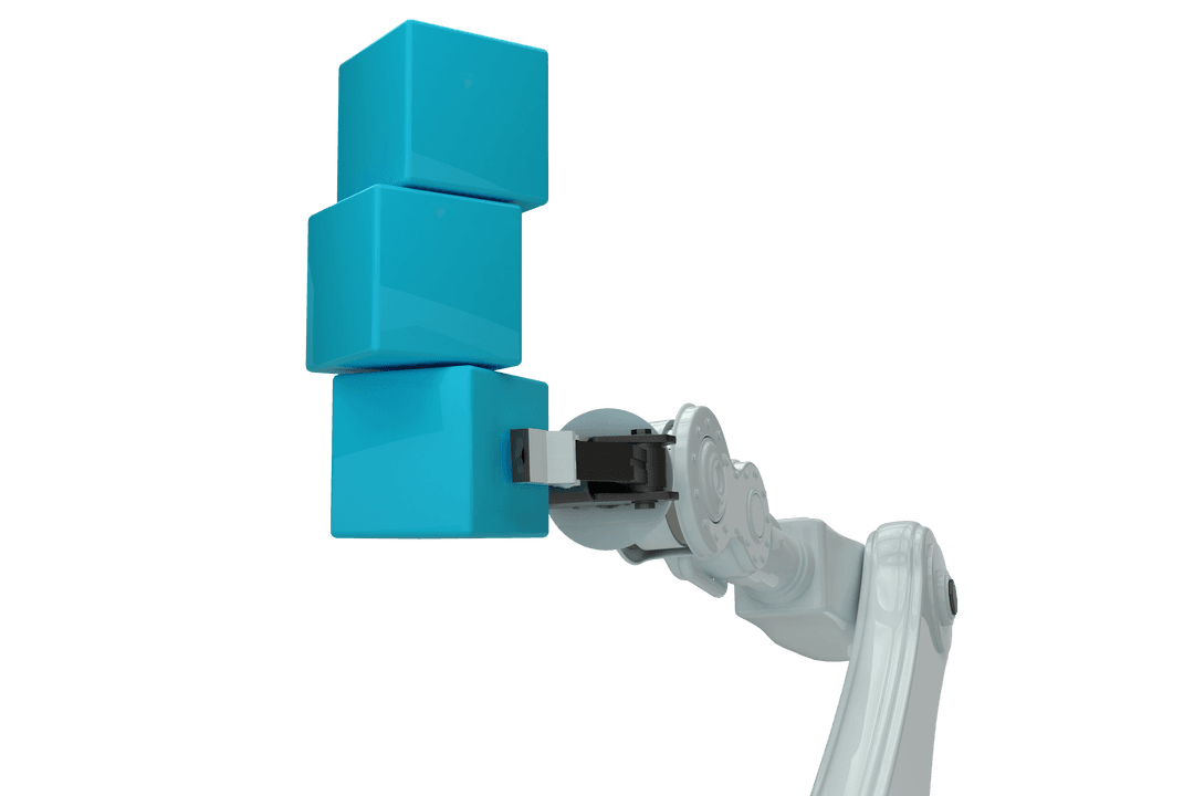 Transparent Robotic Arm Holding Blue Cubes for Industrial Innovation