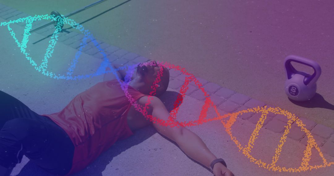 Exhausted Athlete with DNA Representation Reflecting Genetic Study