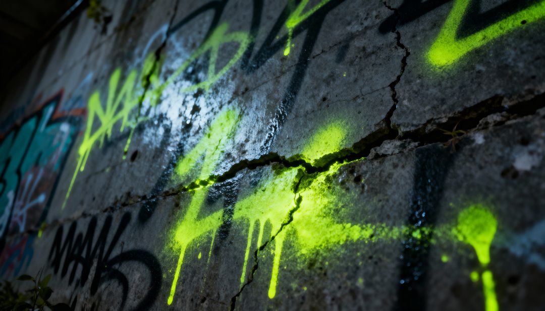 Neon Yellow-Green Paint Dripping on Cracked Concrete Slab with Teal Graffiti and Grunge Texture