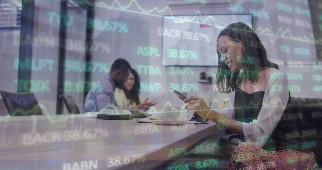 Woman in Office Analyzing Digital Financial Data Overlay