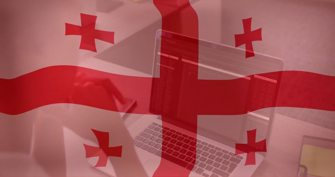 Georgian Flag Overlaid on Office Workspace with Laptop and Business Elements