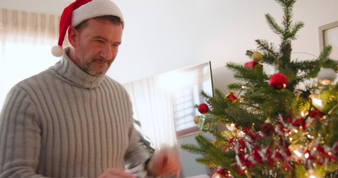 Senior Man Seen Wearing Santa Hat Decorating Festive Christmas Tree