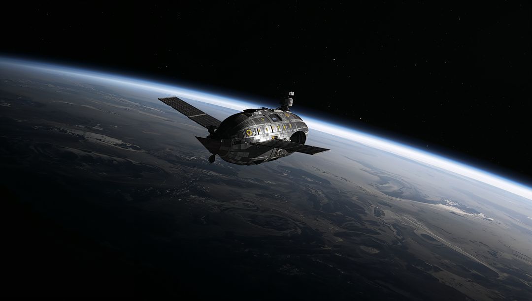 Futuristic Spacecraft Orbiting Earth Demonstrates Advanced Exploration Technology