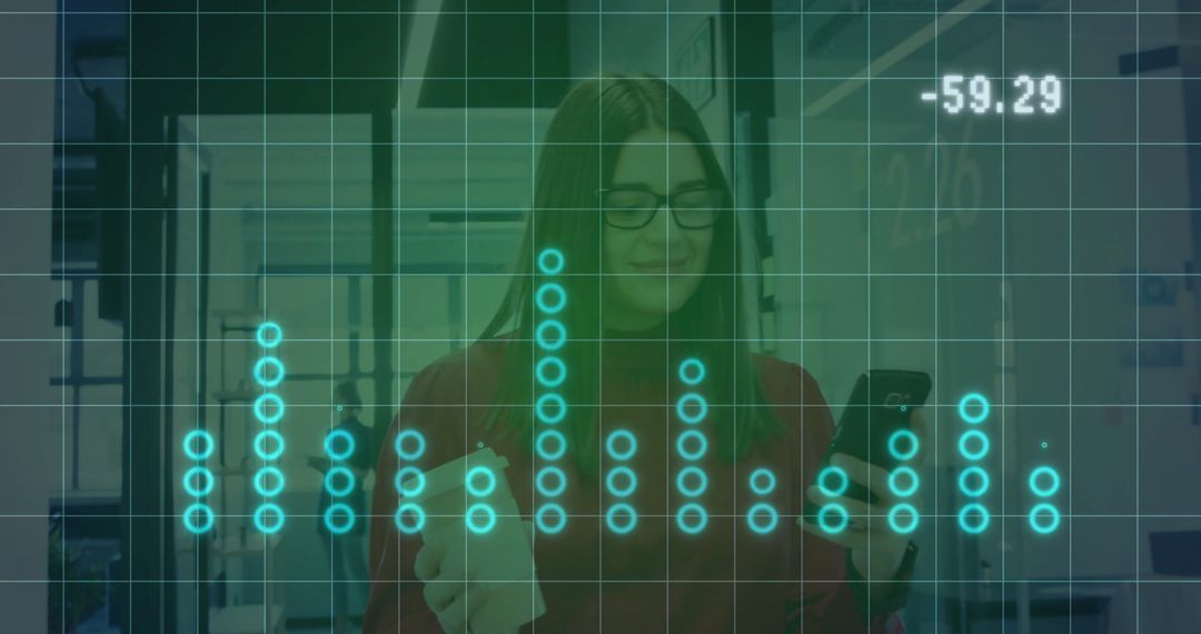 Woman with Coffee and Smartphone Analyzing Data in Modern Office