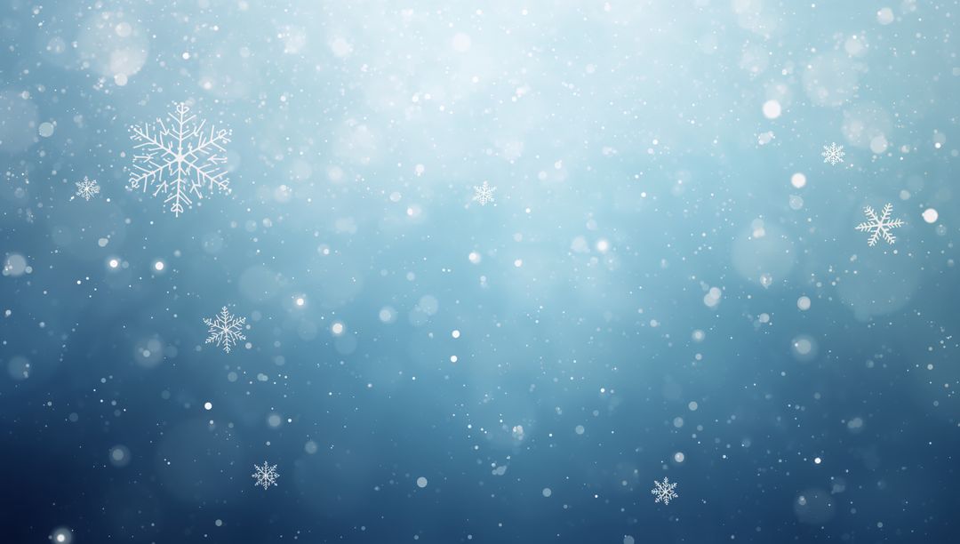 Drifting Six-Point Snowflakes with Soft Bokeh Lights Over Cool Blue Gradient Background