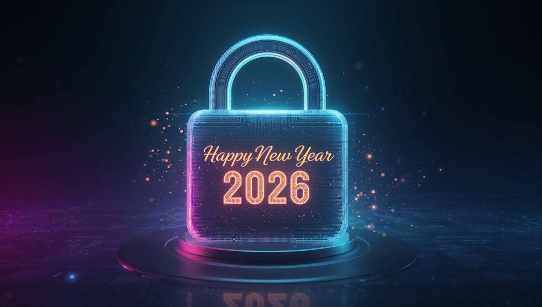 Glowing holographic padlock displaying neon Happy New Year 2026 on futuristic pedestal