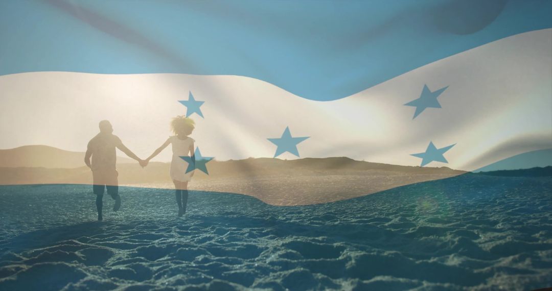 Couple Running on Beach with Translucent Flag at Sunset