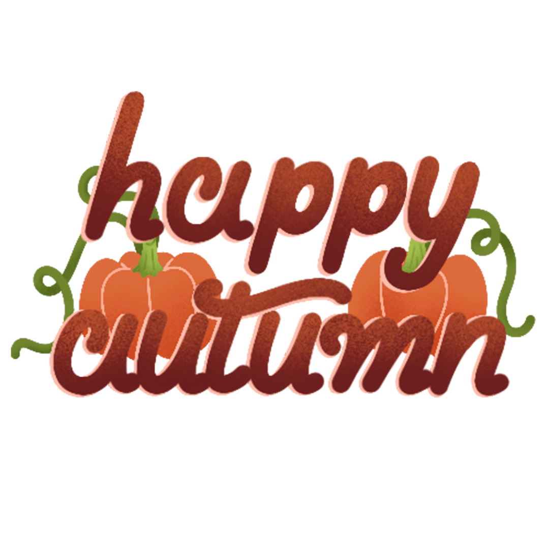 Happy Autumn Script with Pumpkins on Transparent Background