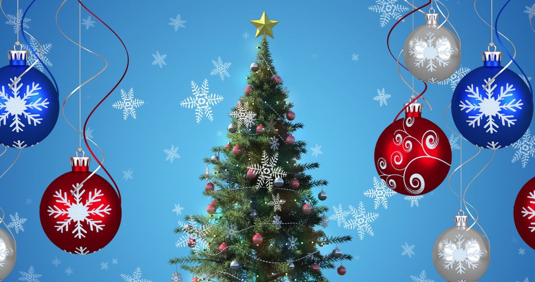 Festive Snowfall with Christmas Tree and Colorful Baubles on Blue
